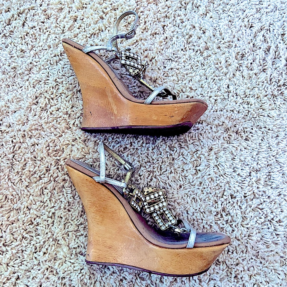 Real Vintage Dolce & Gabbana Wood Platform Gold & Crystal strappy wedge sandals